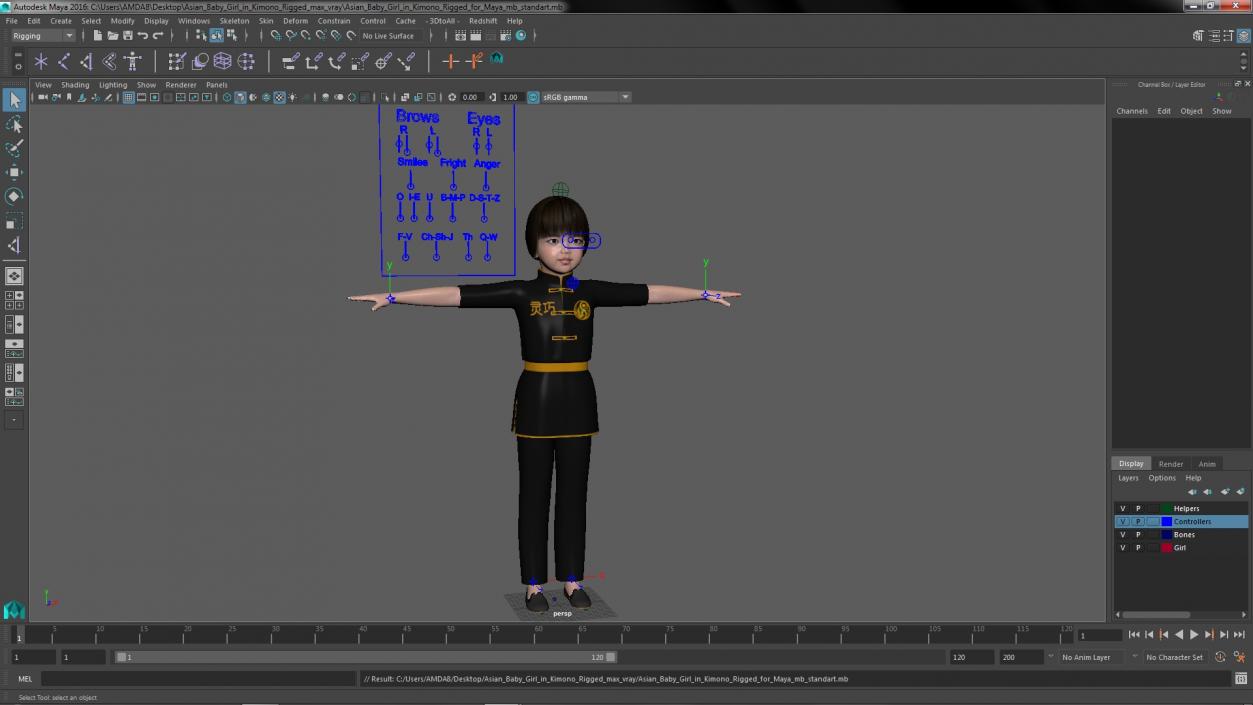 3D Asian Baby Girl in Kimono Rigged for Maya
