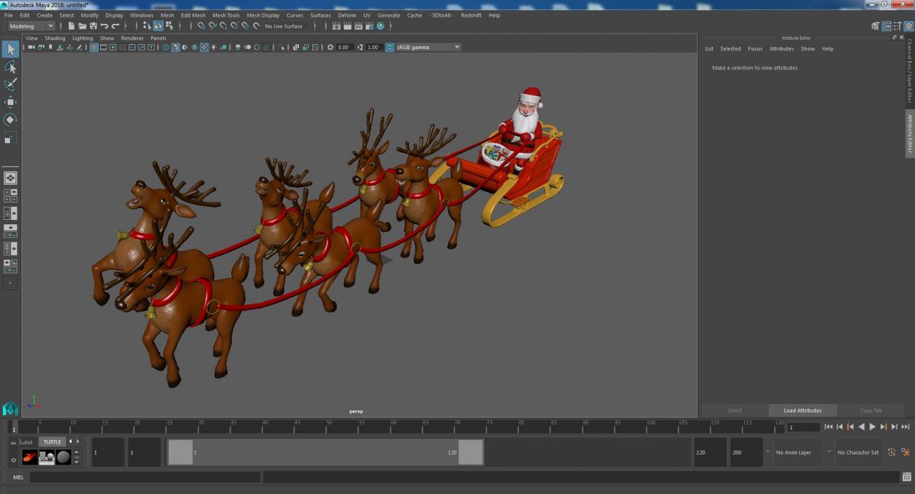 Santa Claus Deer Sleigh Standing 3D