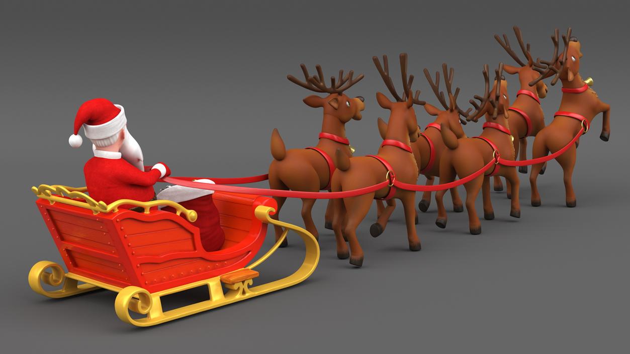 Santa Claus Deer Sleigh Standing 3D