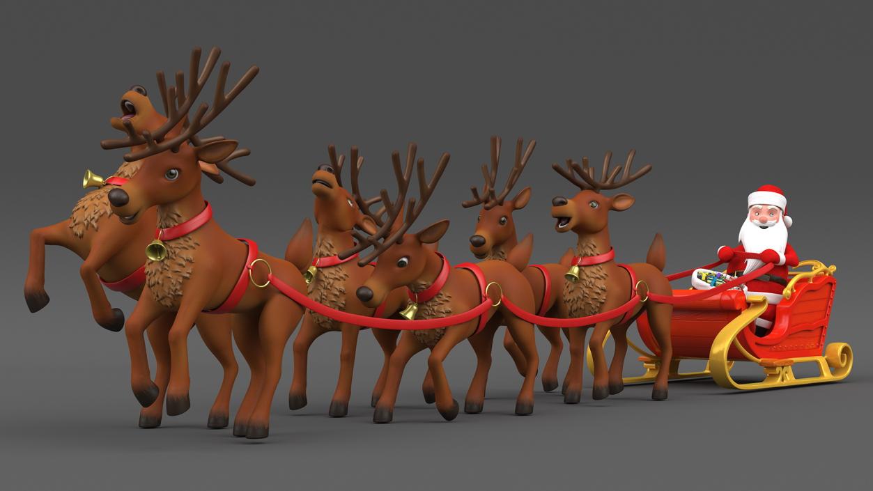 Santa Claus Deer Sleigh Standing 3D