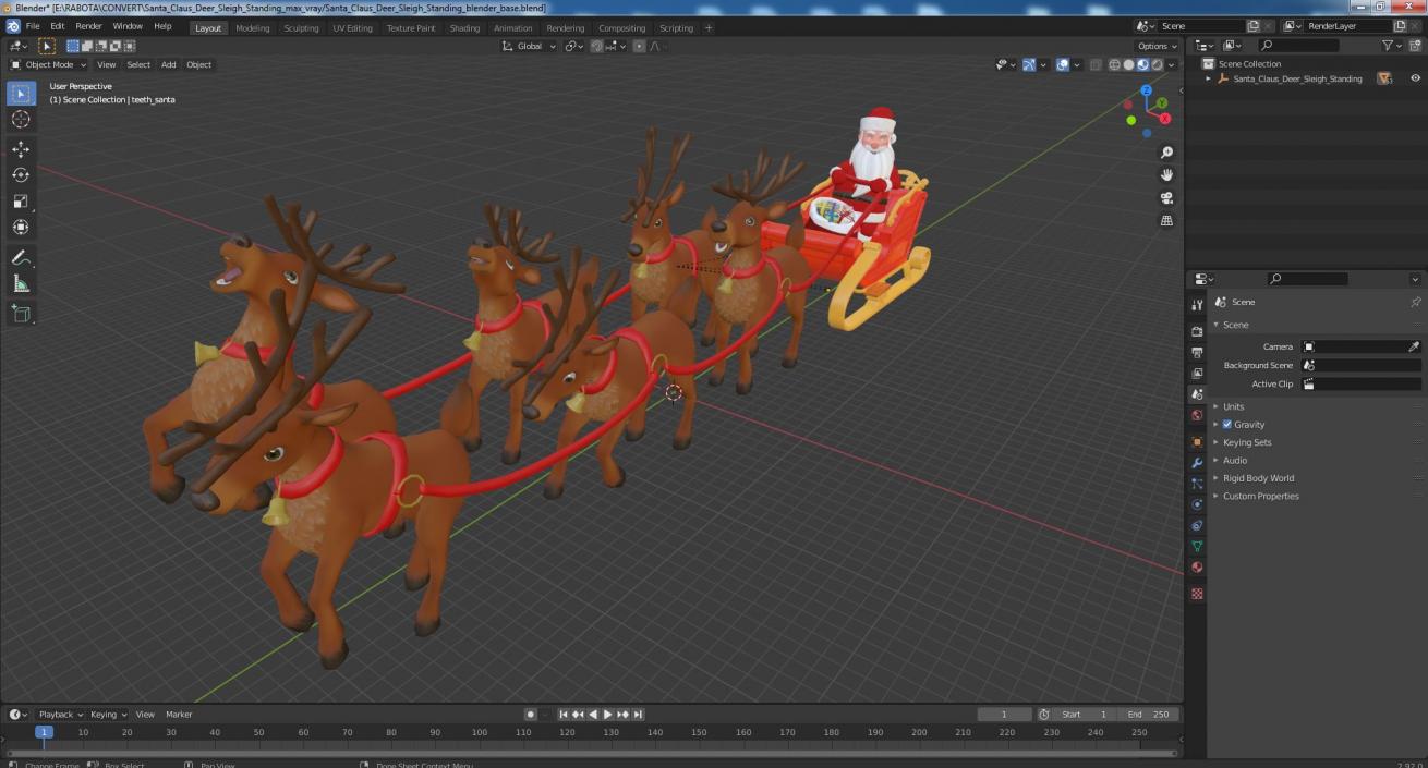 Santa Claus Deer Sleigh Standing 3D