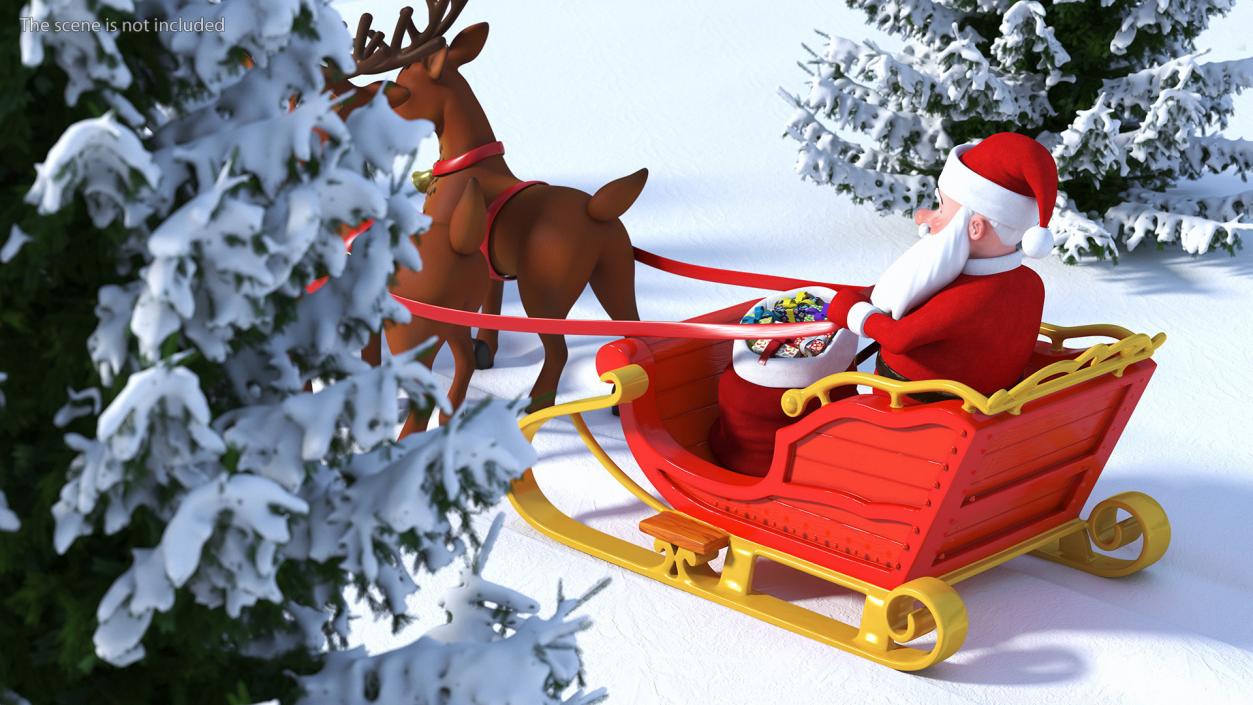 Santa Claus Deer Sleigh Standing 3D