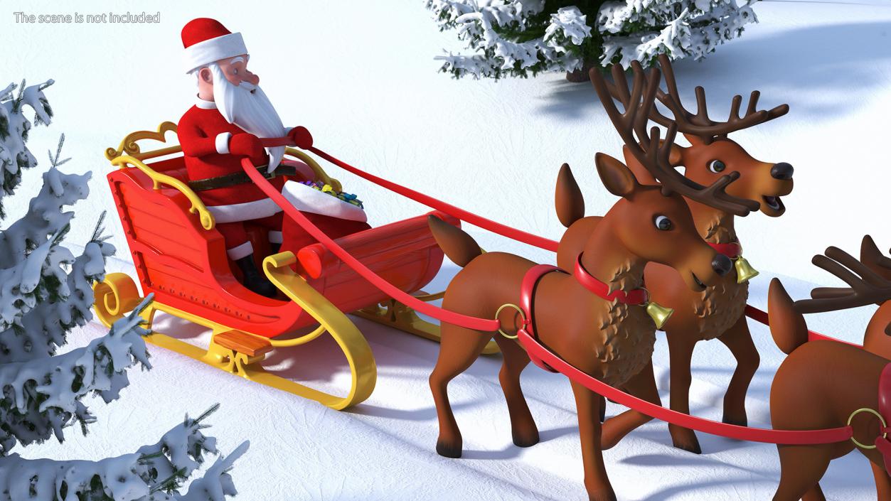 Santa Claus Deer Sleigh Standing 3D