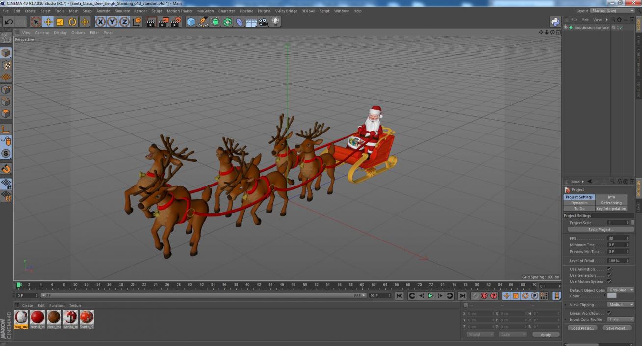 Santa Claus Deer Sleigh Standing 3D