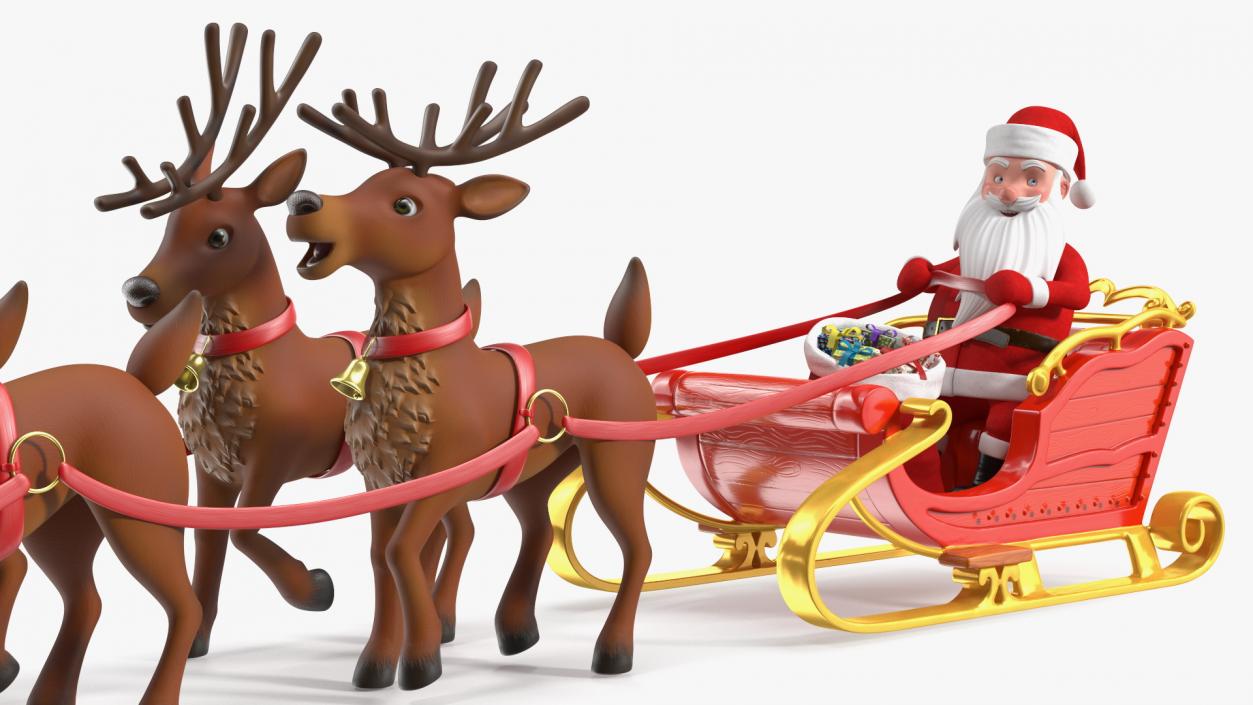 Santa Claus Deer Sleigh Standing 3D