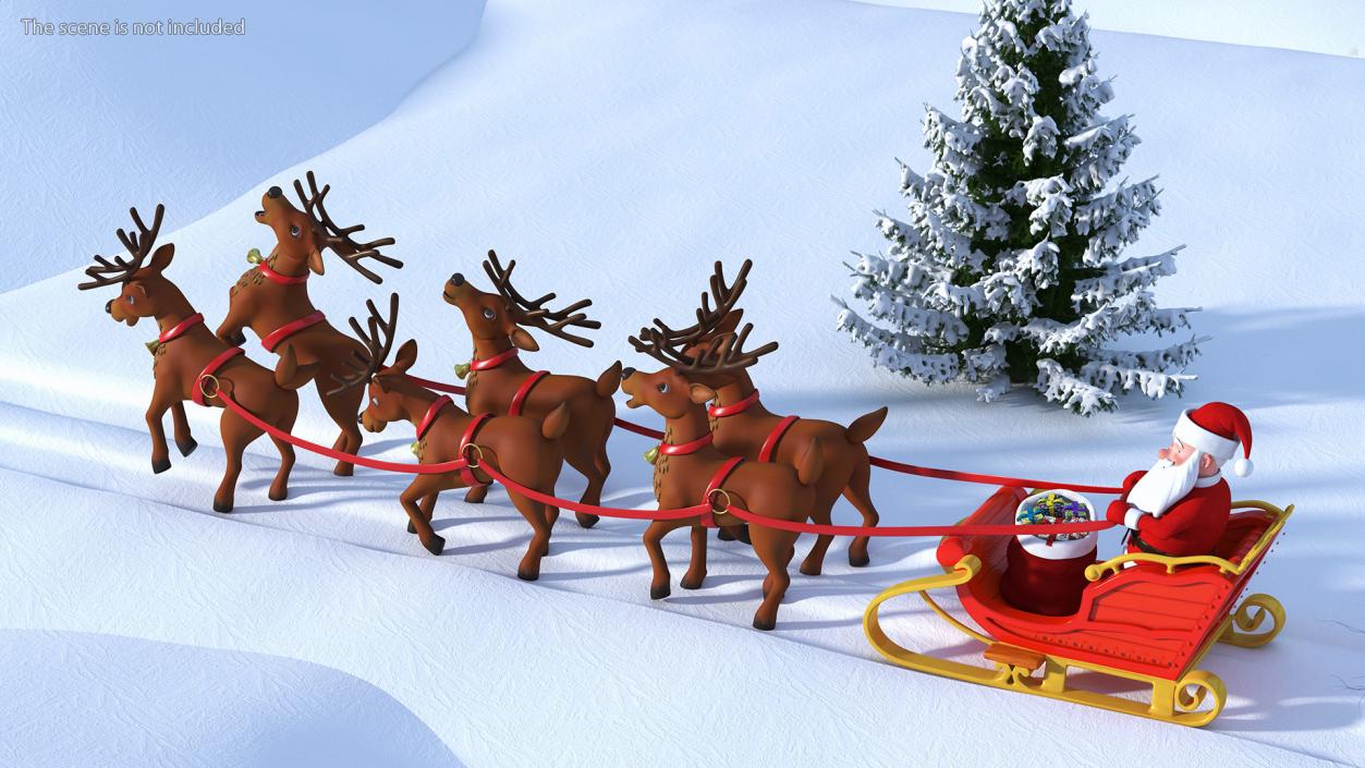 Santa Claus Deer Sleigh Standing 3D