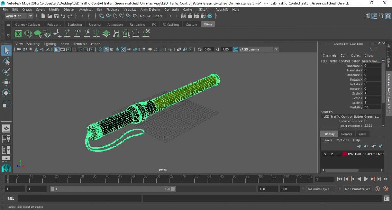 3D LED Traffic Control Baton Green switched On model