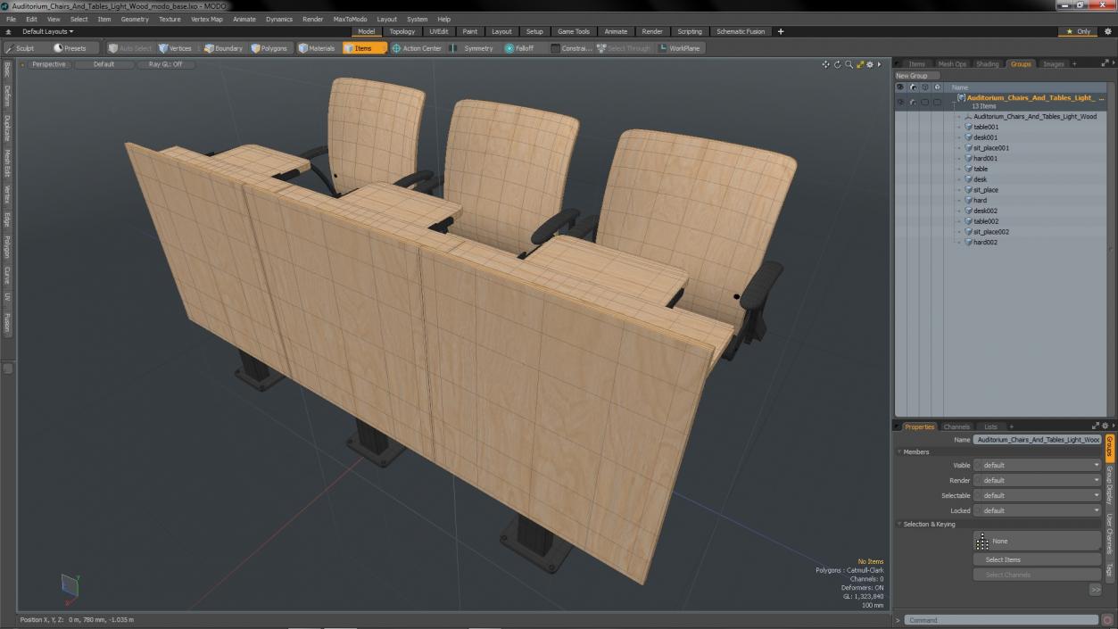 Auditorium Chairs And Tables Light Wood 3D model