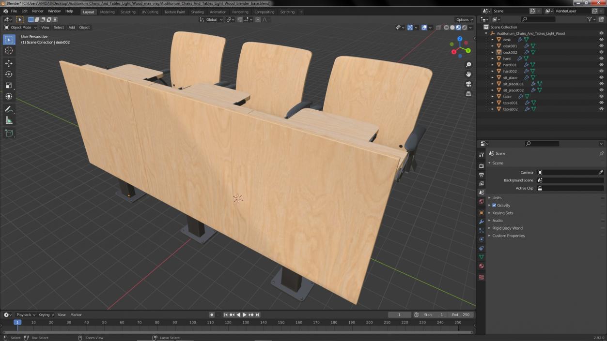 Auditorium Chairs And Tables Light Wood 3D model