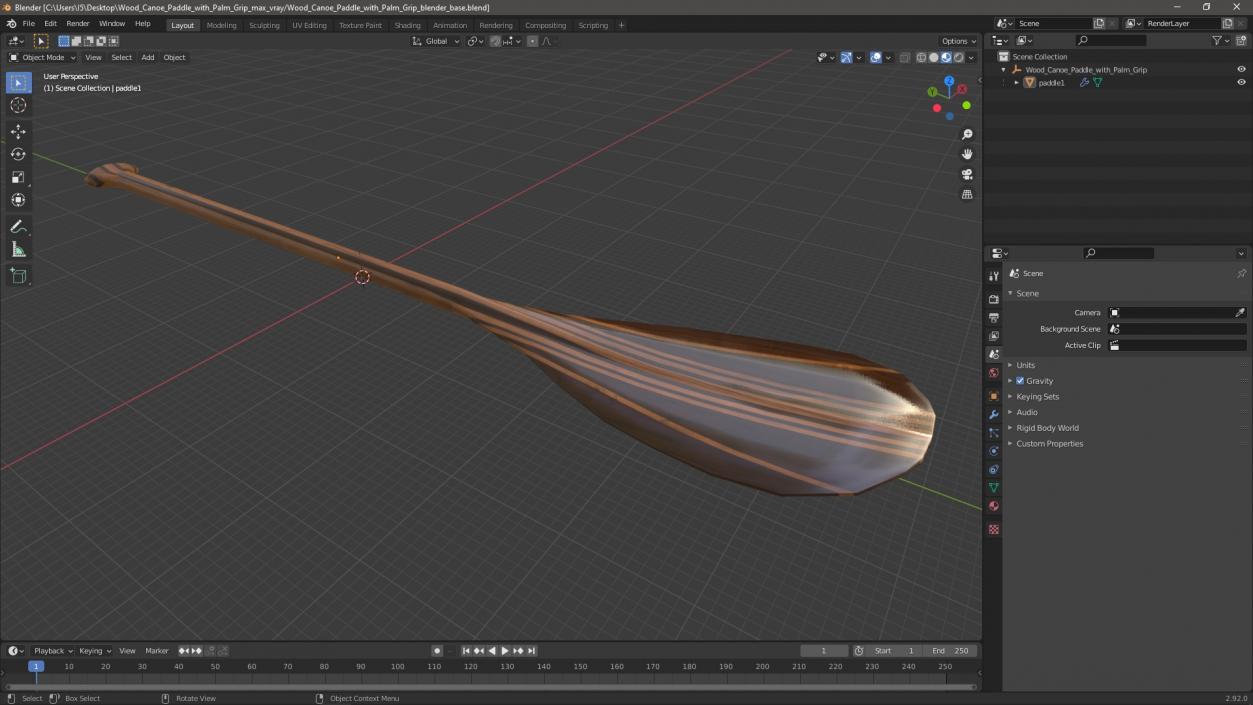 Wood Canoe Paddle with Palm Grip 3D