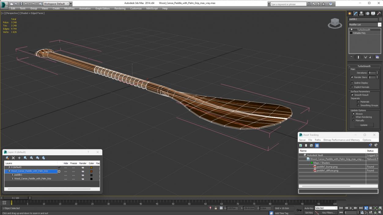 Wood Canoe Paddle with Palm Grip 3D