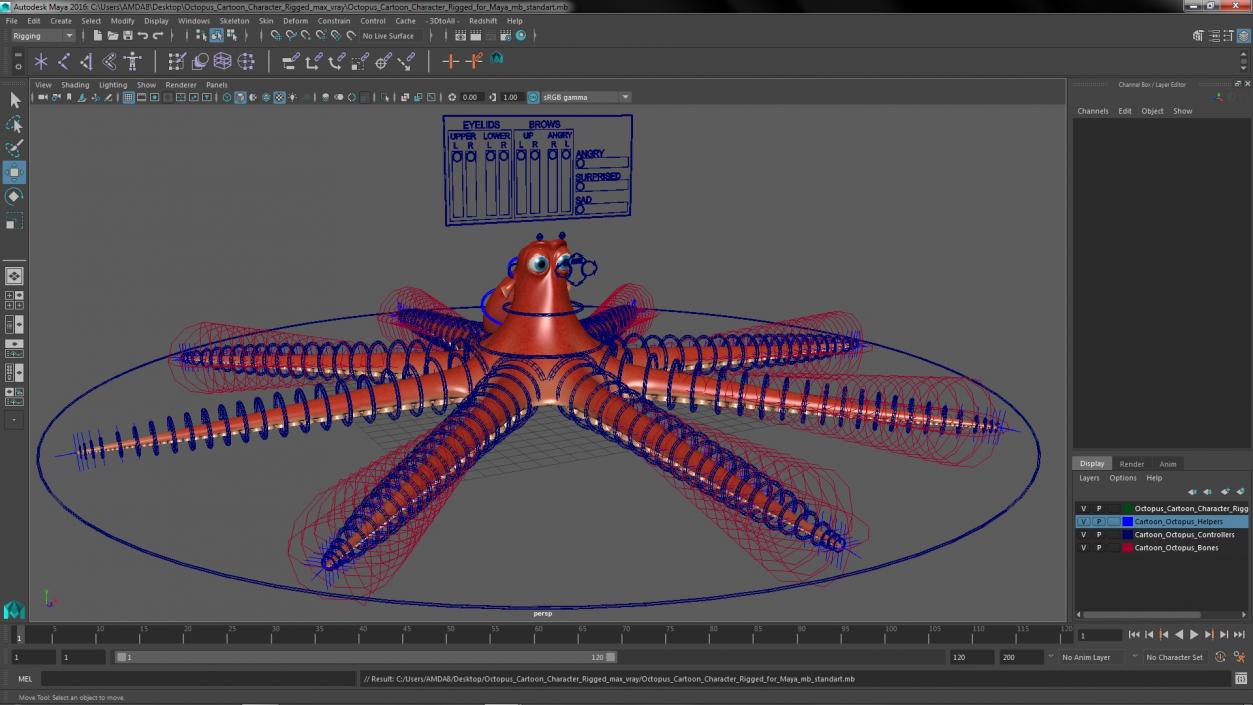 3D Octopus Cartoon Character Rigged for Maya