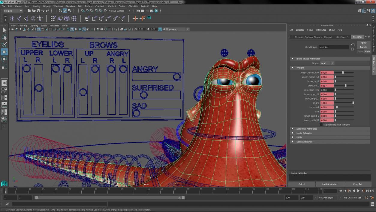 3D Octopus Cartoon Character Rigged for Maya