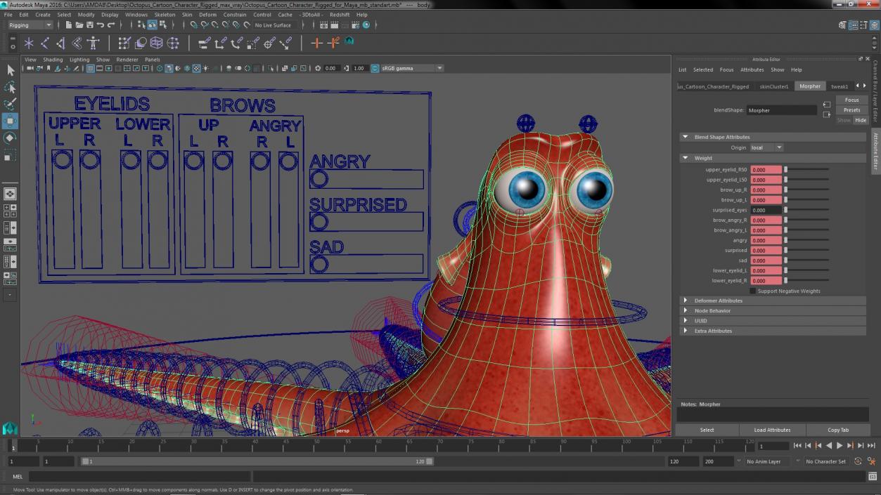 3D Octopus Cartoon Character Rigged for Maya