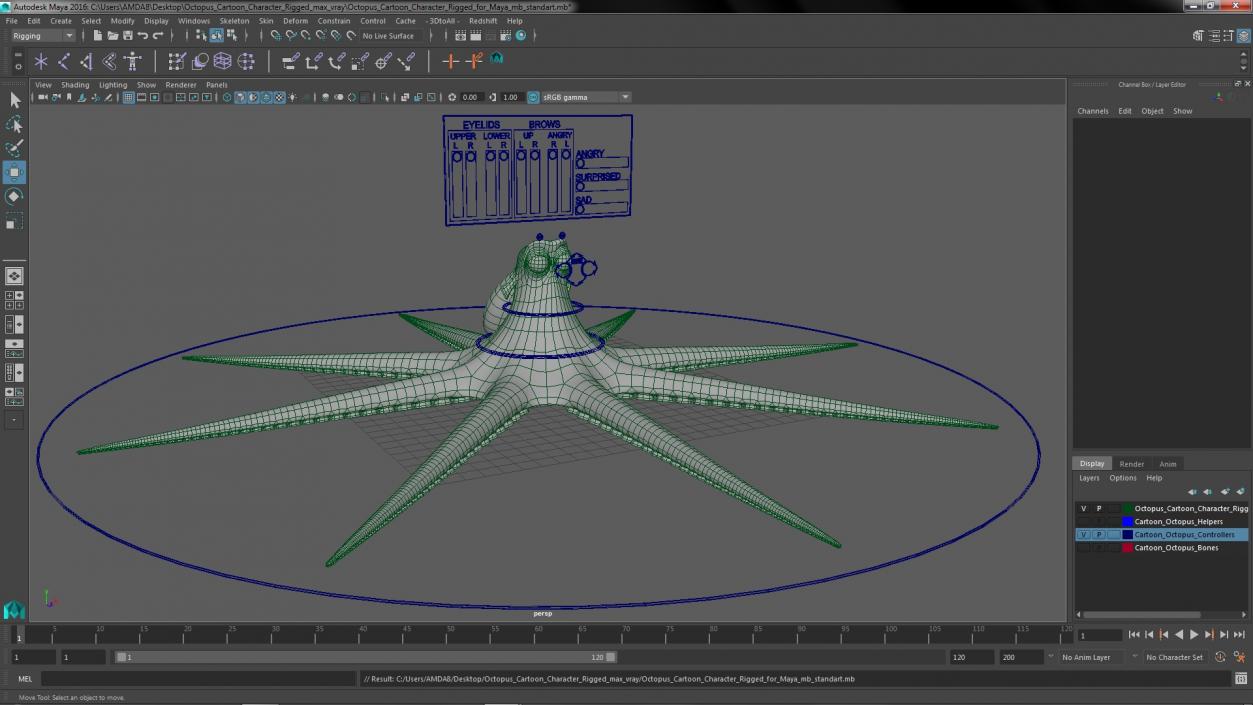 3D Octopus Cartoon Character Rigged for Maya