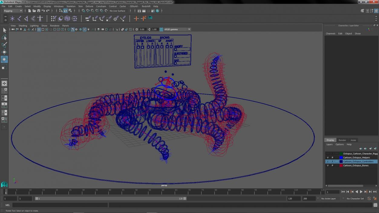 3D Octopus Cartoon Character Rigged for Maya
