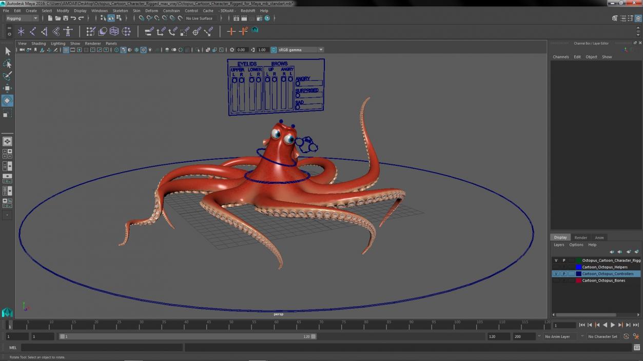 3D Octopus Cartoon Character Rigged for Maya