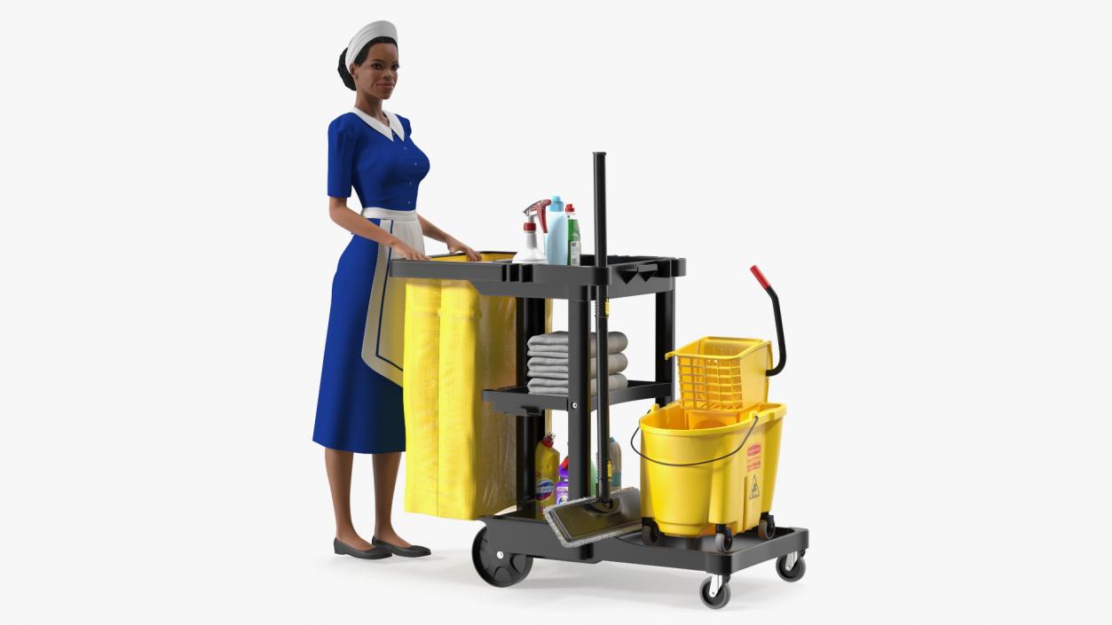 3D model Black Maid With Multi Shelf Cleaning Cart Fur