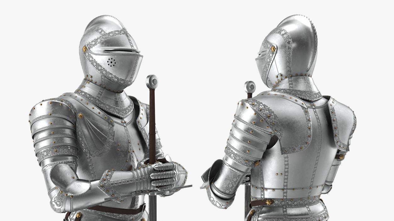 Polished Knight Plate Armor standing with Zweihander 3D