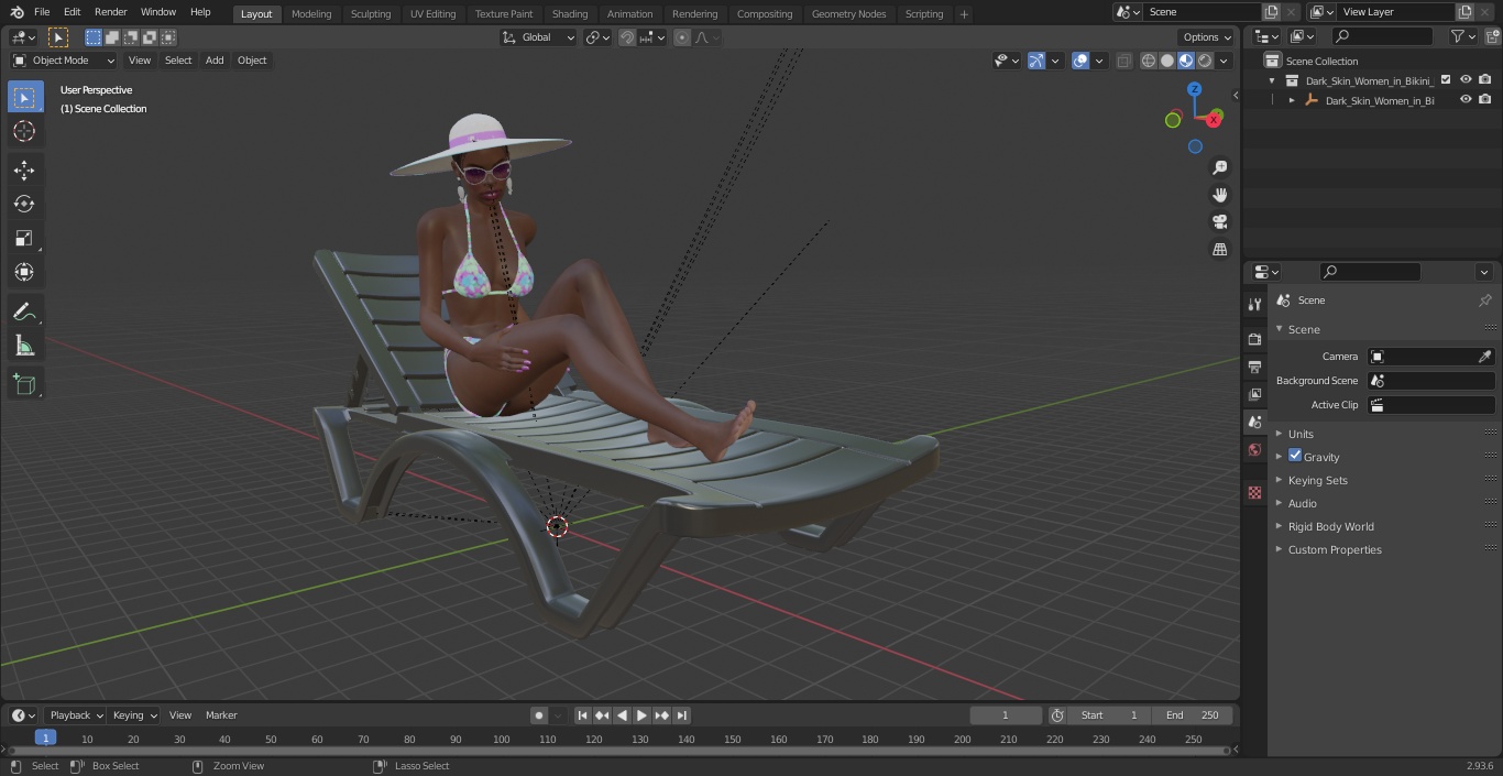 3D Dark Skin Women in Bikini Lying on Chaise Lounge model