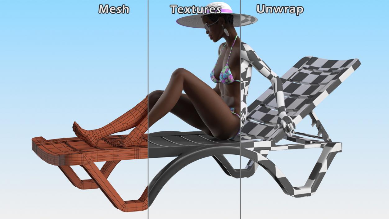 3D Dark Skin Women in Bikini Lying on Chaise Lounge model