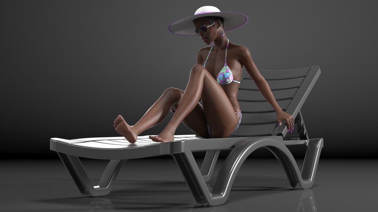 3D Dark Skin Women in Bikini Lying on Chaise Lounge model