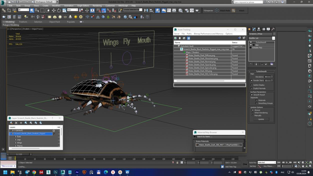 3D Screech Beetle Black Realistic Rigged for Maya