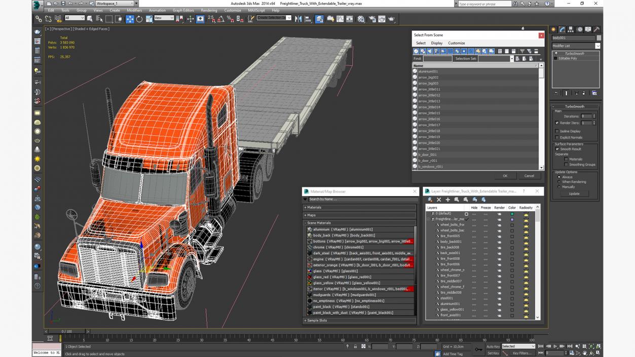 Freightliner Truck With Extendable Trailer 3D