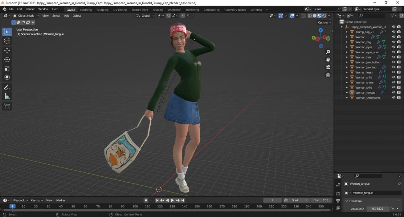 3D model Happy European Woman in Donald Trump Cap