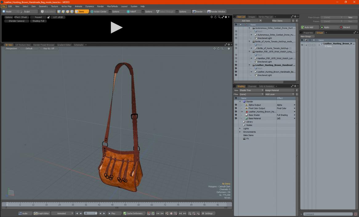 Leather Hunting Brown Handmade Bag 3D model