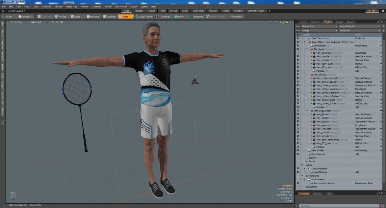 3D model Asian Elderly Man Badminton Style T-pose