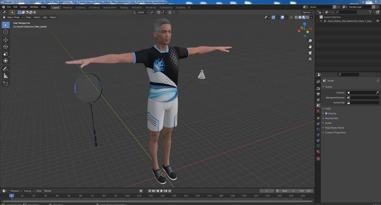 3D model Asian Elderly Man Badminton Style T-pose