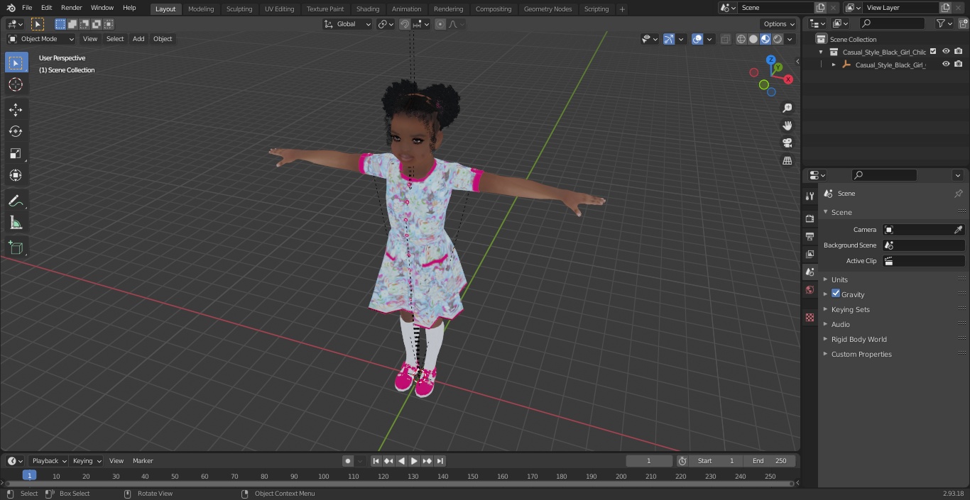 3D Casual Style Black Girl Child T-Pose