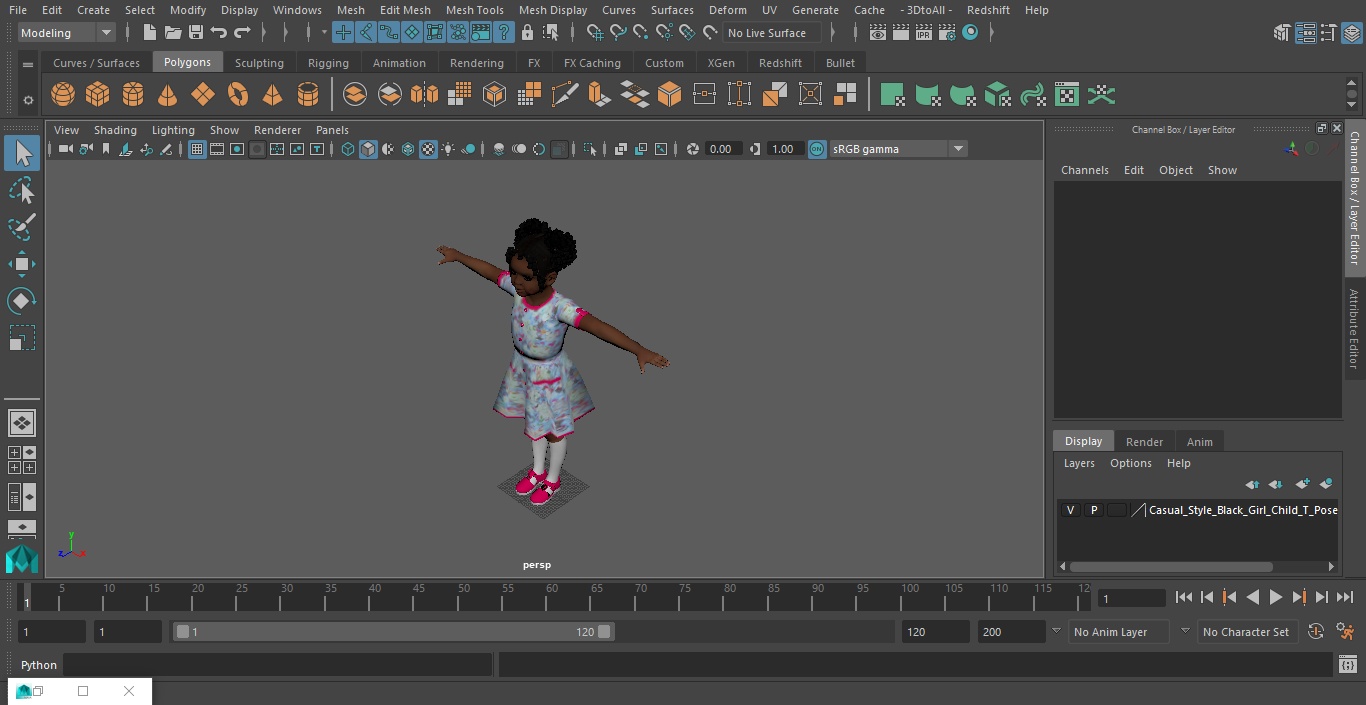 3D Casual Style Black Girl Child T-Pose