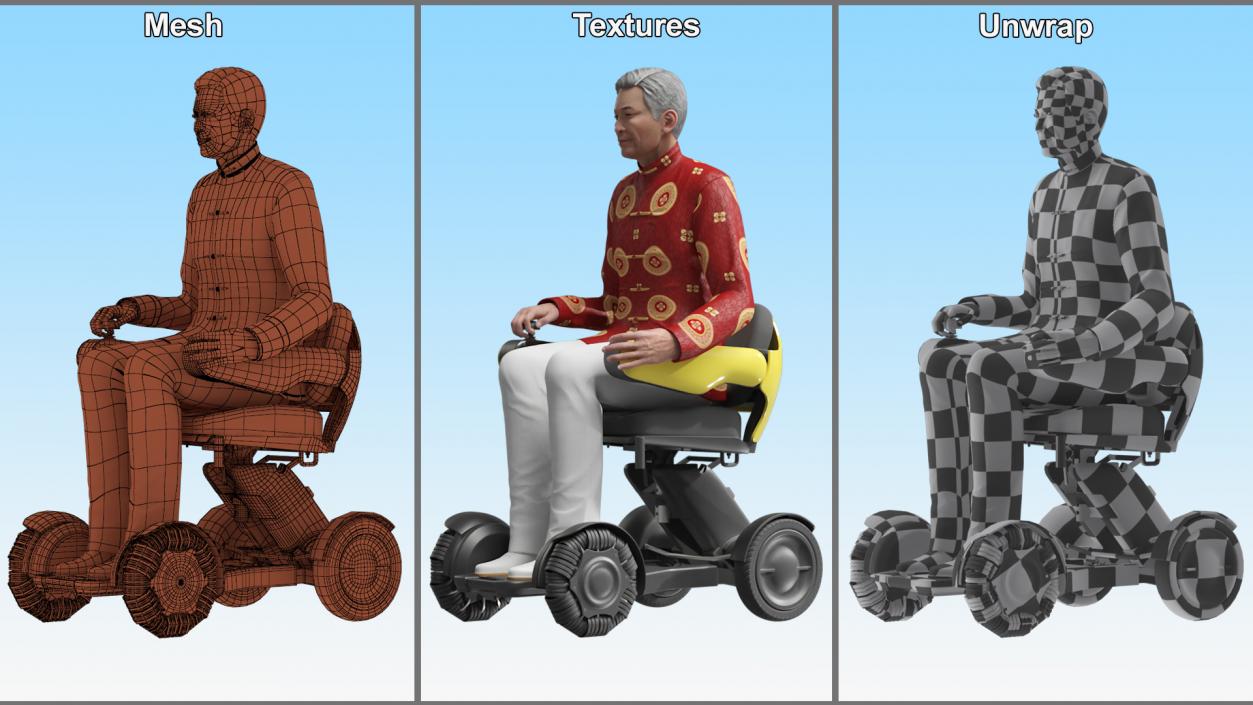 3D model Power Wheelchair and Chinese Elderly Man