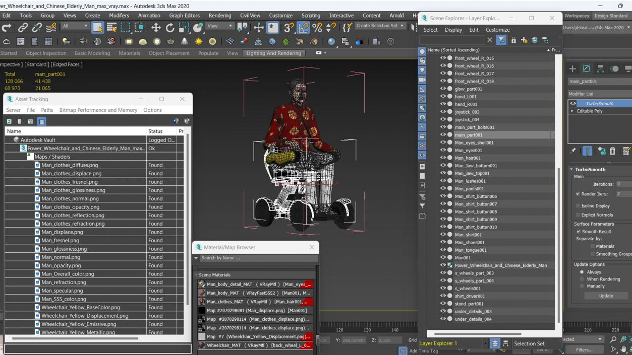 3D model Power Wheelchair and Chinese Elderly Man