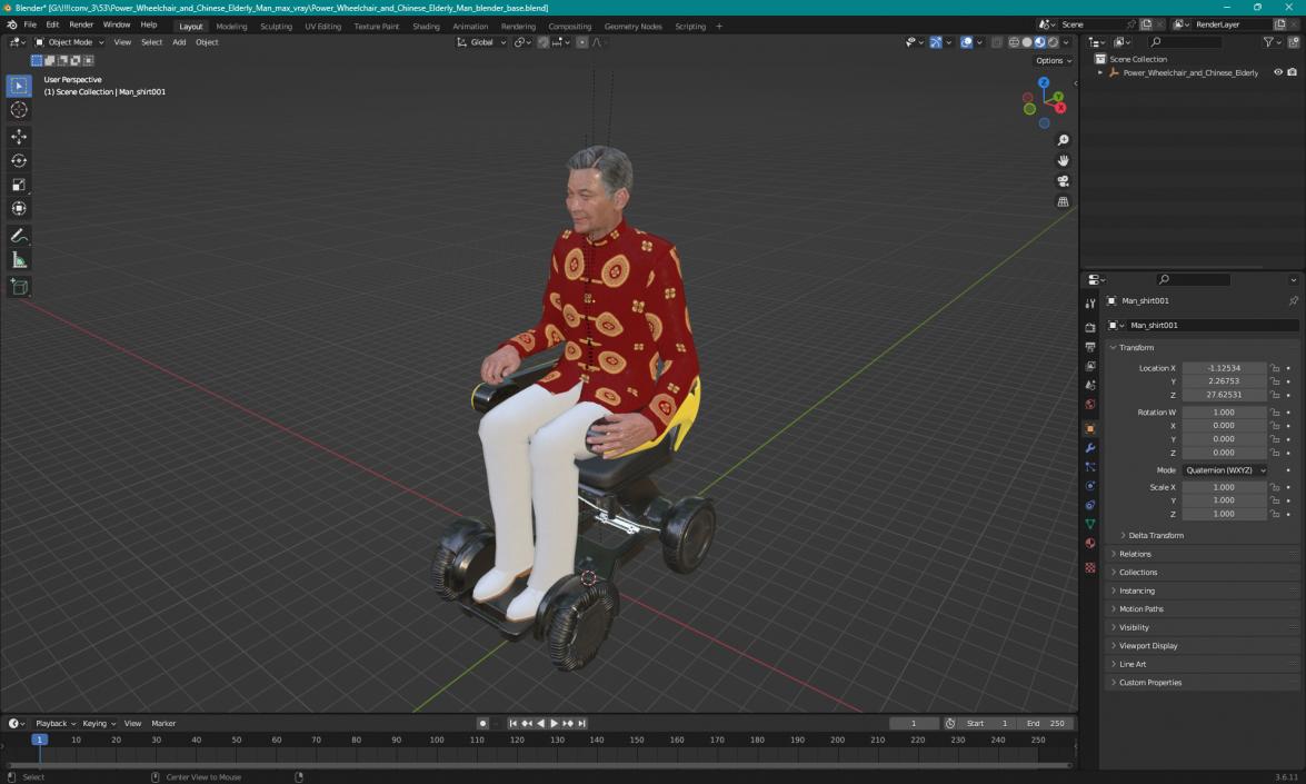 3D model Power Wheelchair and Chinese Elderly Man