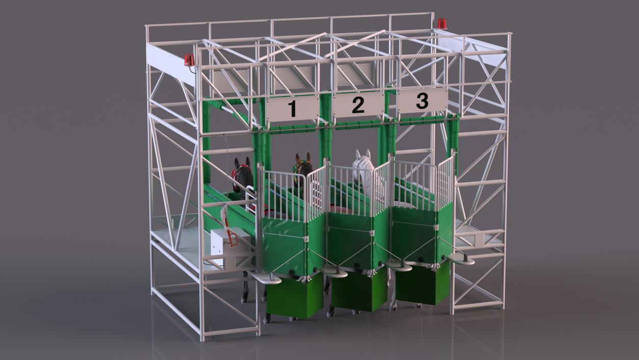 3D model Starting Gates with 3 Racing Horses