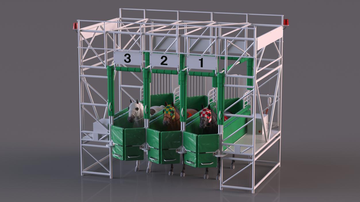 3D model Starting Gates with 3 Racing Horses