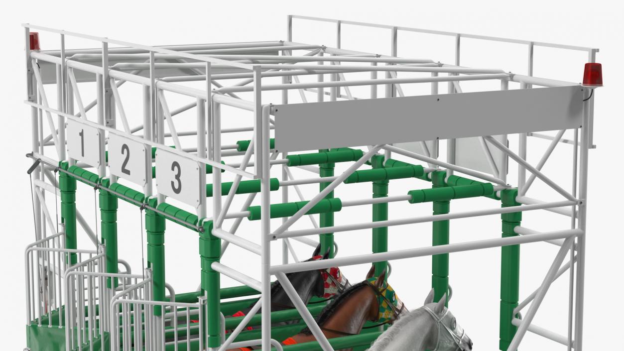 3D model Starting Gates with 3 Racing Horses