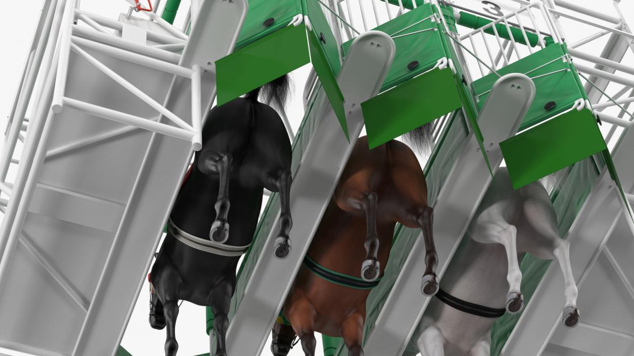 3D model Starting Gates with 3 Racing Horses