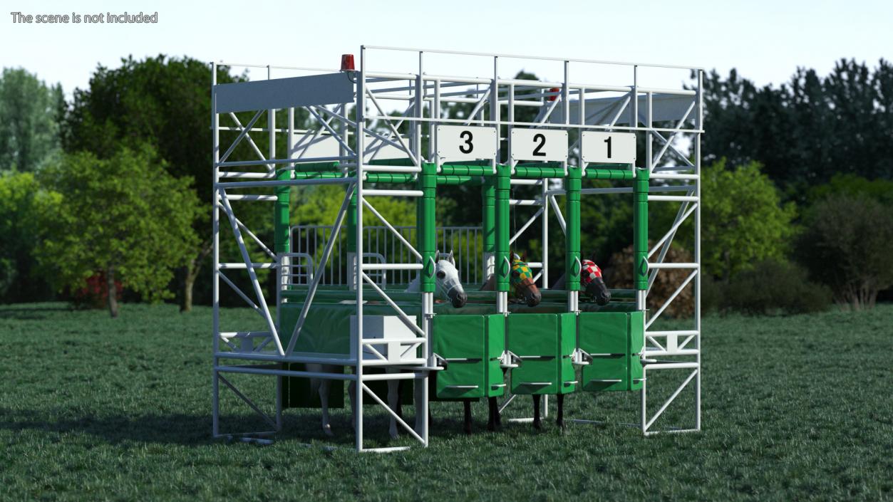 3D model Starting Gates with 3 Racing Horses