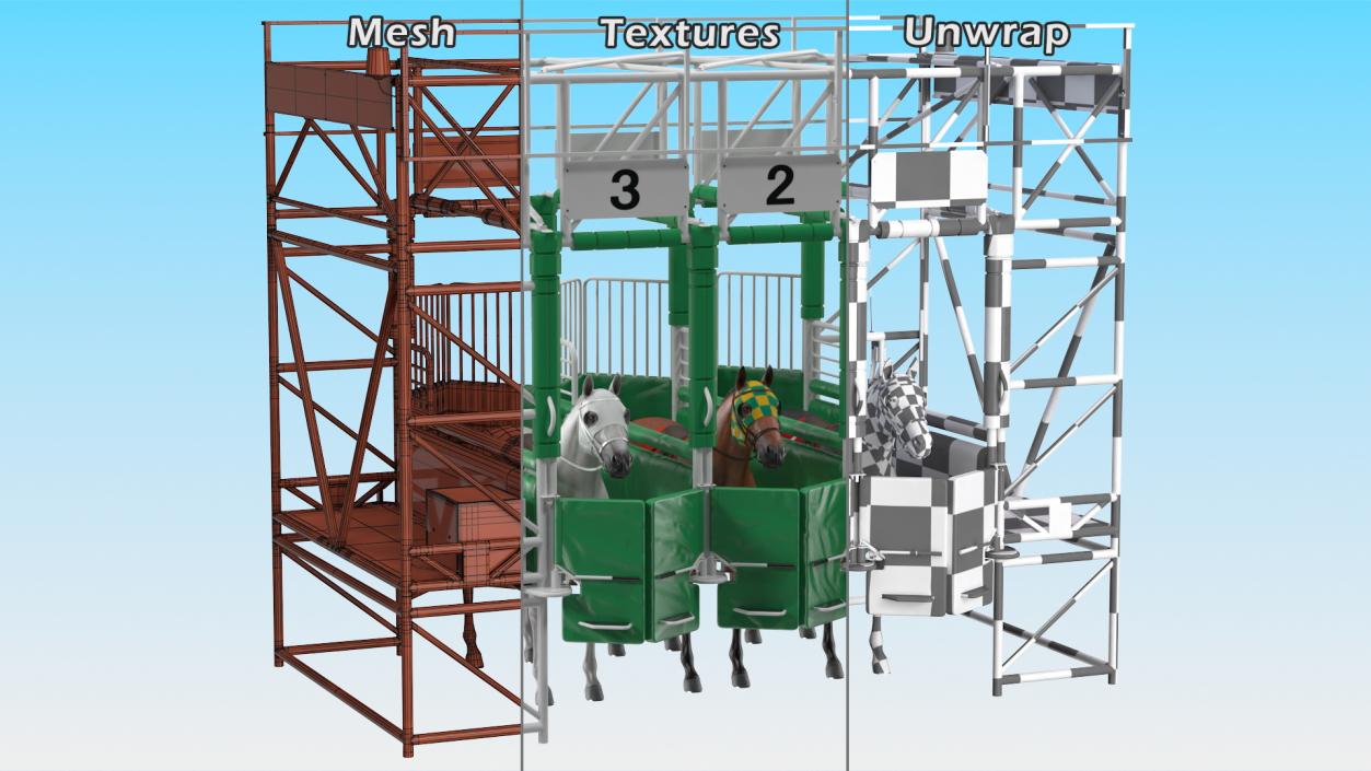 3D model Starting Gates with 3 Racing Horses