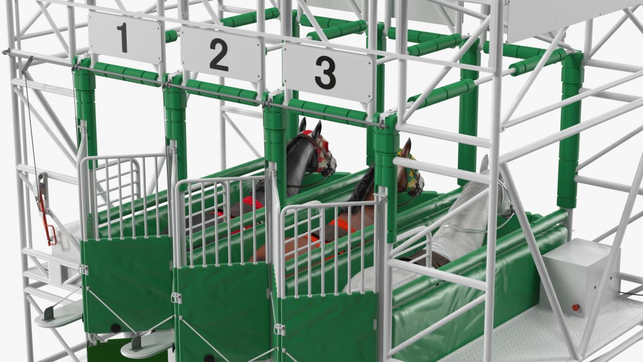 3D model Starting Gates with 3 Racing Horses