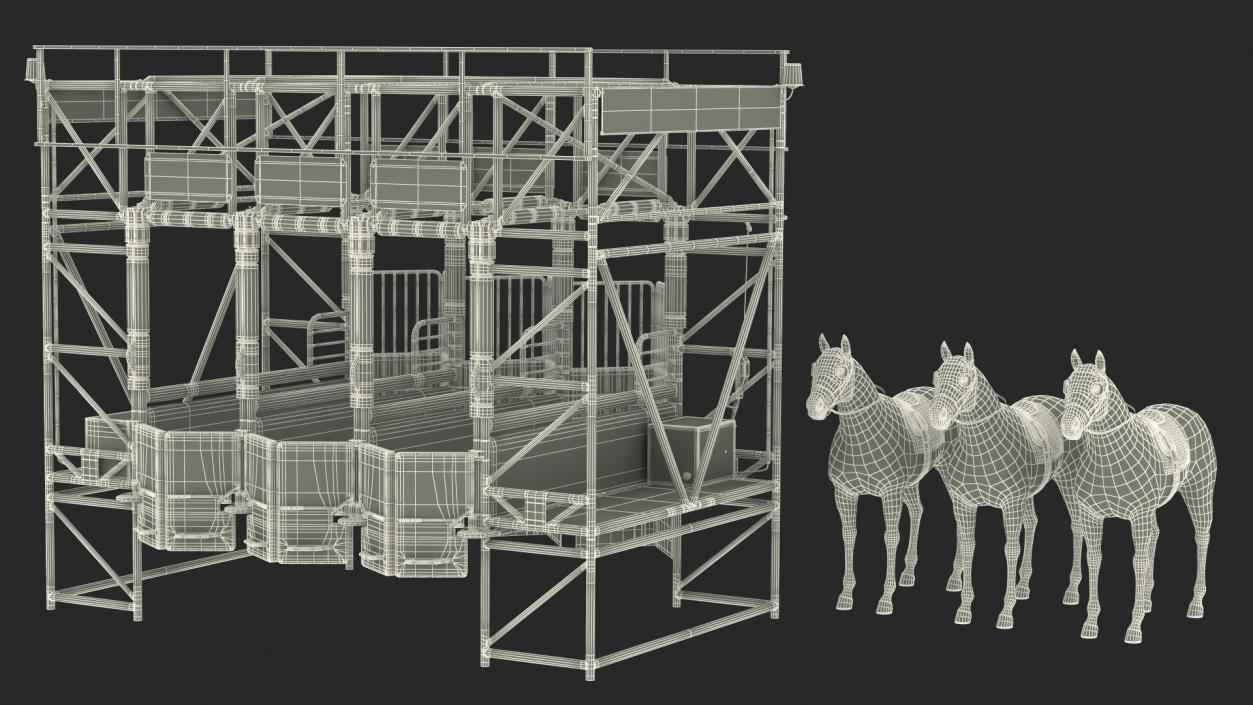 3D model Starting Gates with 3 Racing Horses