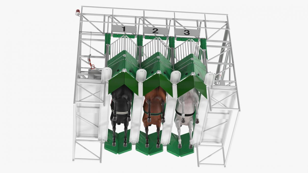 3D model Starting Gates with 3 Racing Horses