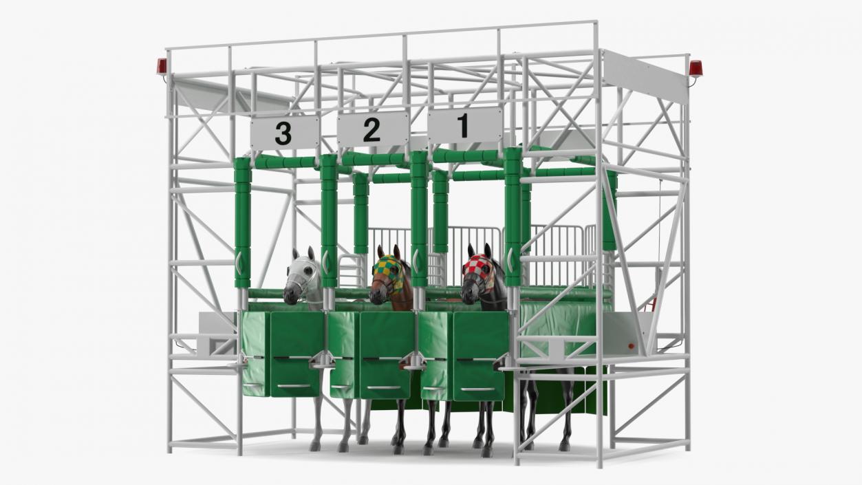 3D model Starting Gates with 3 Racing Horses