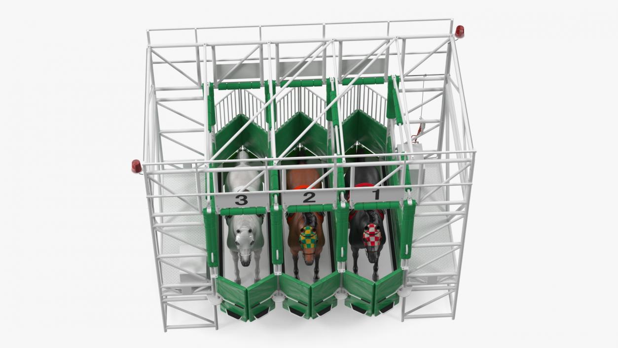 3D model Starting Gates with 3 Racing Horses