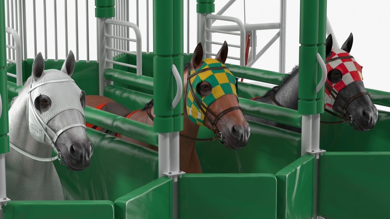 3D model Starting Gates with 3 Racing Horses