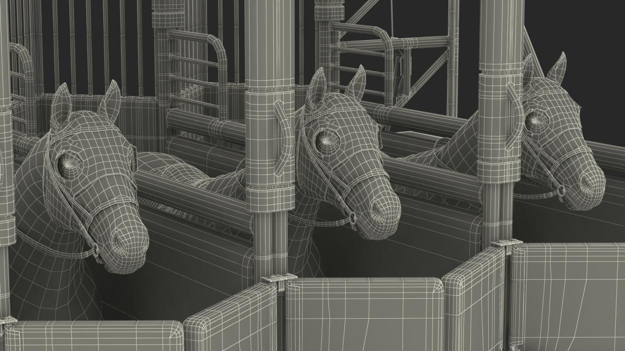 3D model Starting Gates with 3 Racing Horses